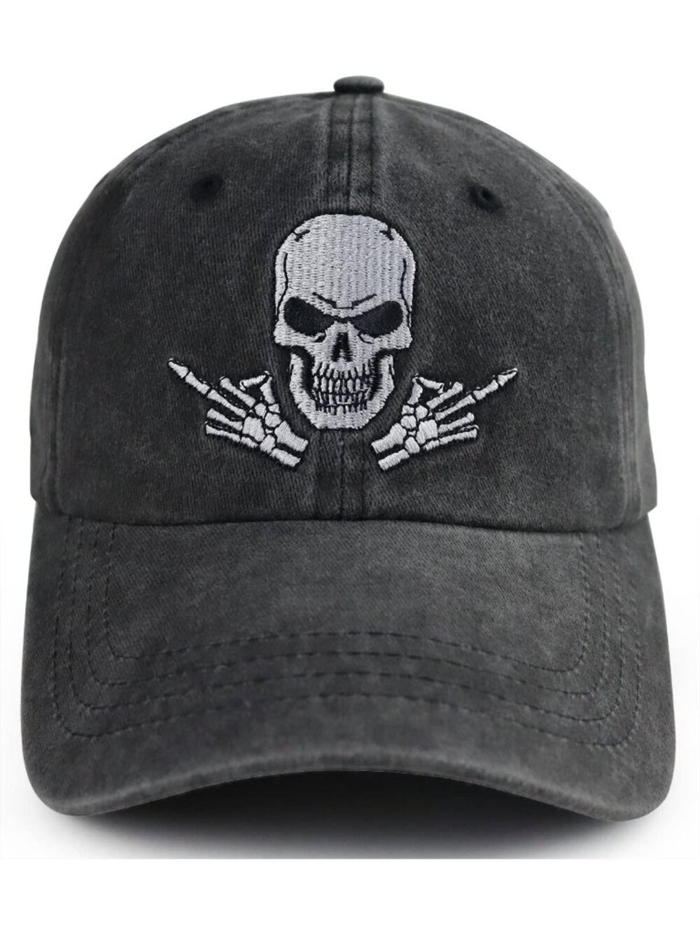 Unisax Black-1 Washed Denim Cotton Embroidered Skeleton Crossbones Baseball Cap